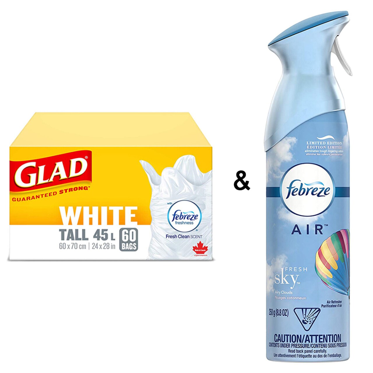 Febreze Glad White Garbage Bags - Tall 45 Litres Fresh Clean Scent, 60 Trash Bags by and Air Freshener Linen and Sky by